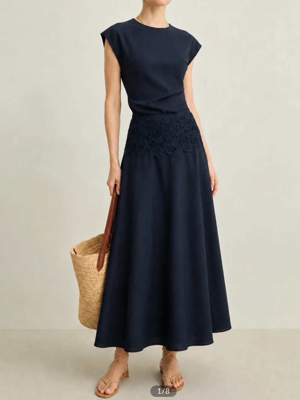 Commense Navy Cotton-Linen Maxi Skirt with Lace Waist XL